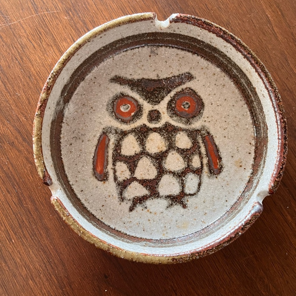 Vtg Otagiri Owl Ashtray Paint Brush Holder Speckled Glaze Night Bird MCM Retro